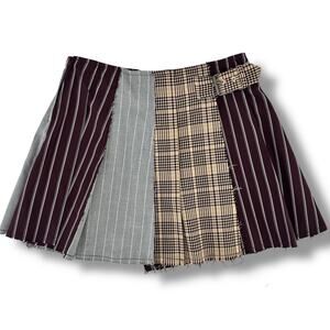 Gianni Bini GB Girls Mixed Media Faux Wrap Plaid Pleated Mini Skirt Sz 12 Brown